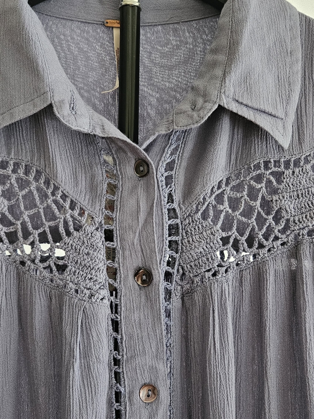 NWT Free People Blue Crochet Inset Button Down Gauze Blouse Boho Top Size S - Picture 11 of 14